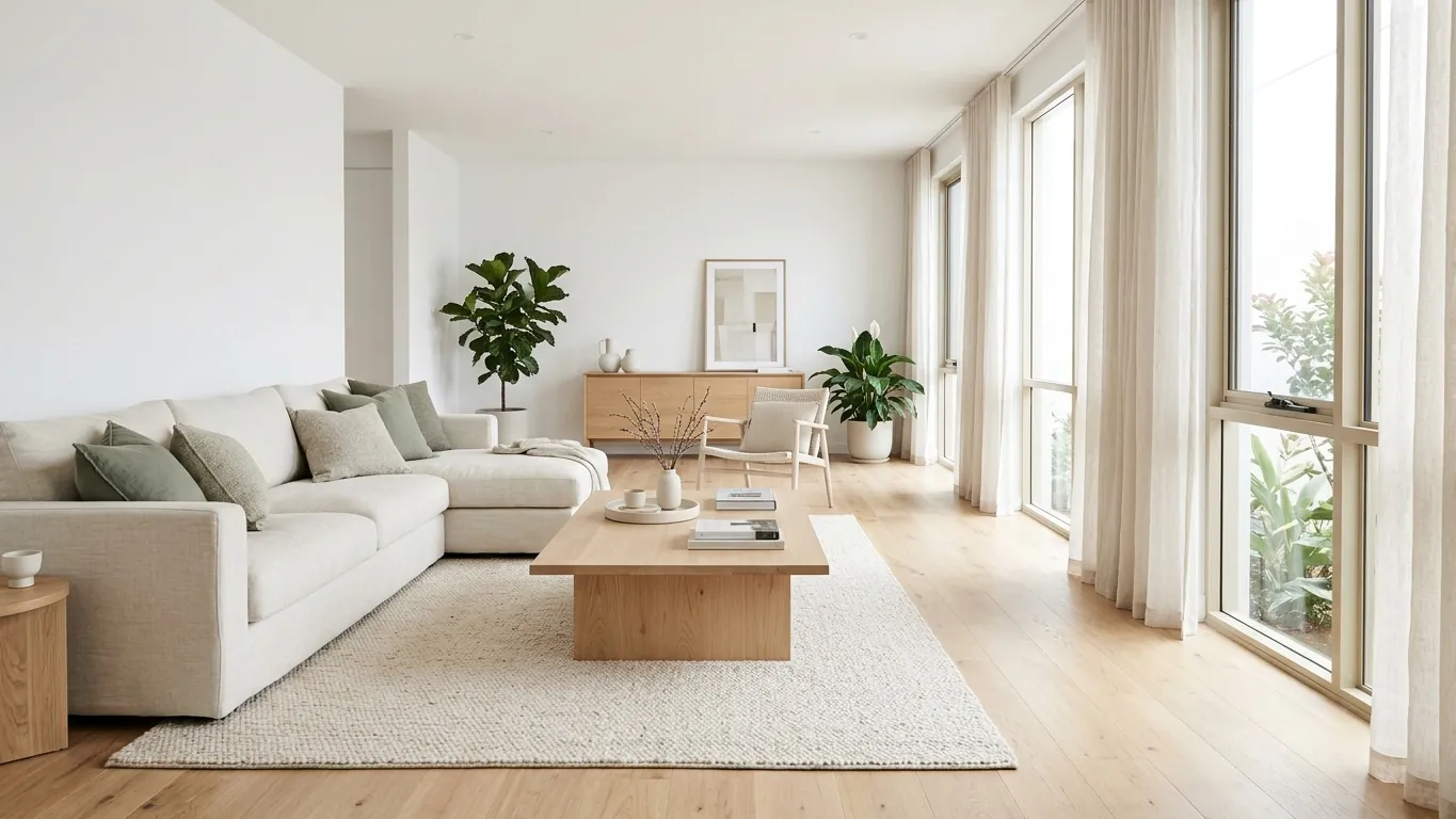 Jasny salon z drewnianą podłogą, lnianą sofą i dużymi oknami
